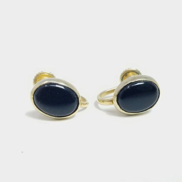 Vintage Black Oval Bevel Set Gold Tone Clip On Earrings, Screw Back Setting - Picture 6 of 6